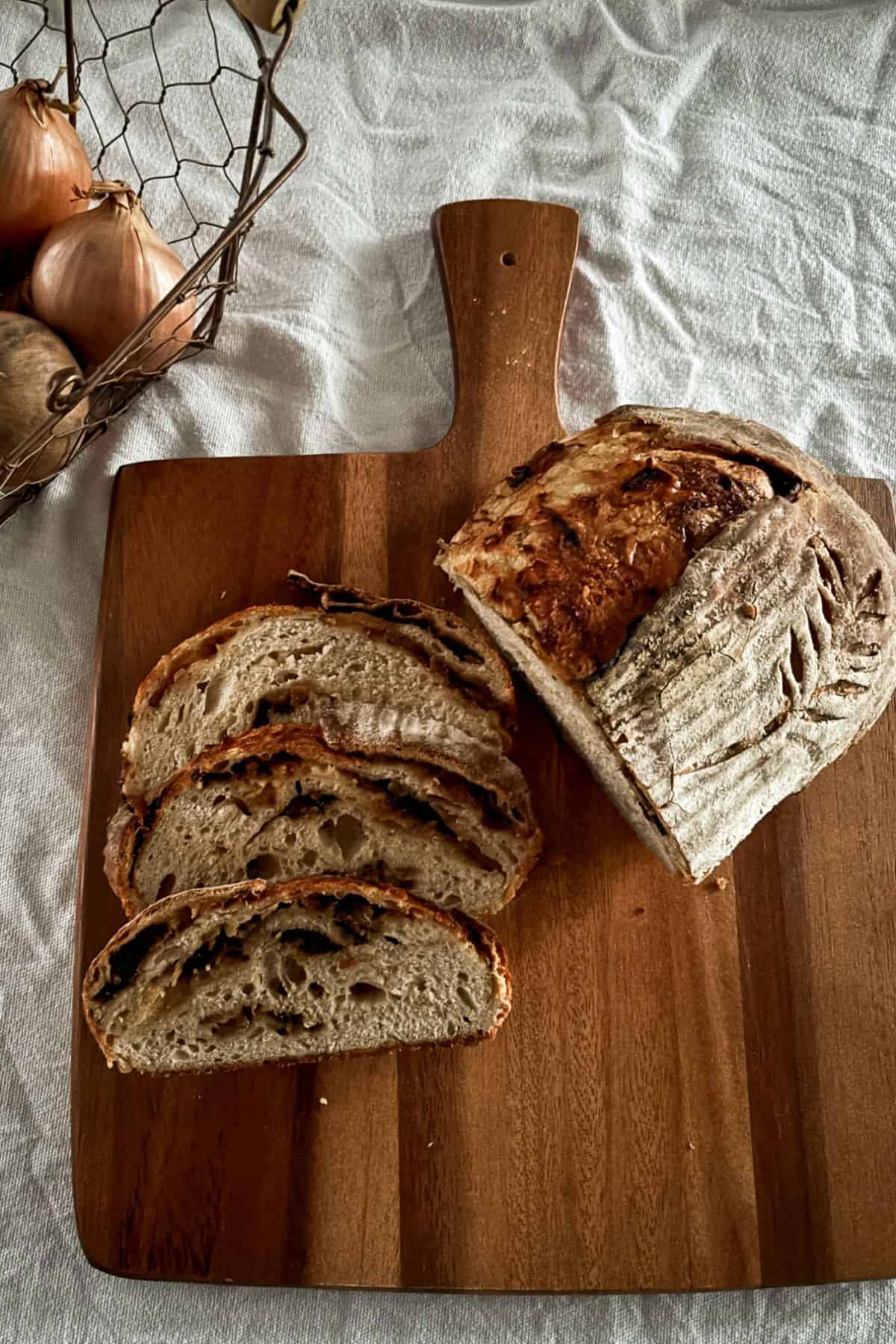 Slices of sourdough onion bread.
