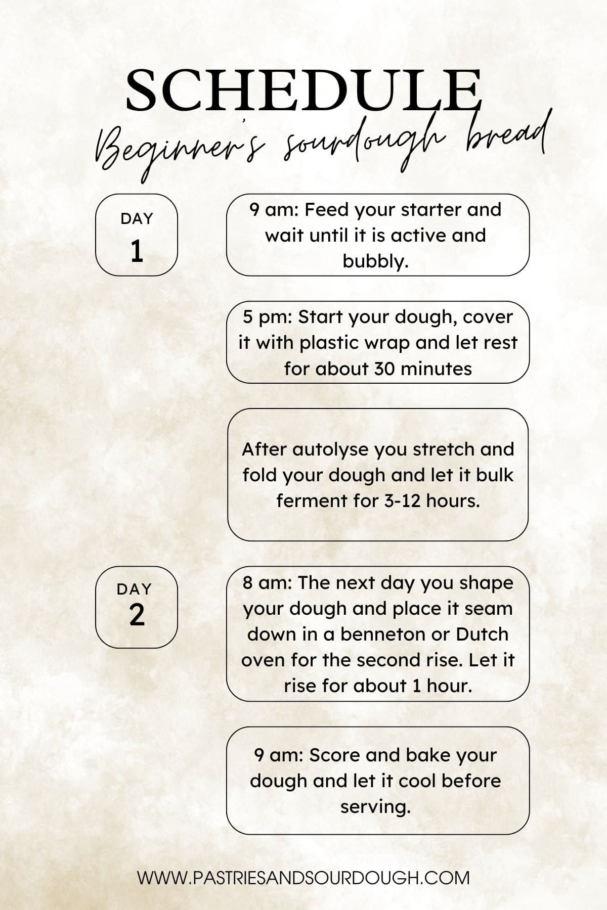 Bakers schedule to make a beginner's sourdough bread.