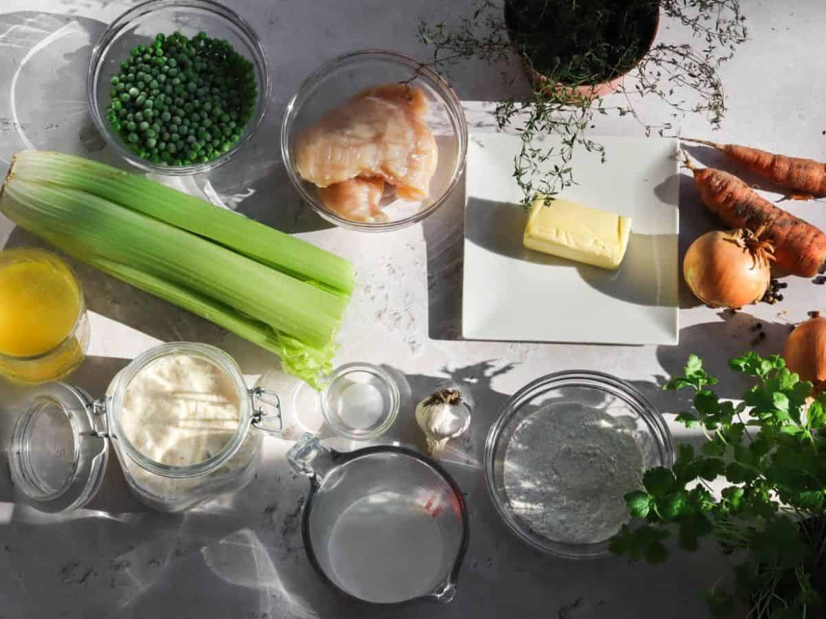 Ingredients for sourdough chicken pot pie.