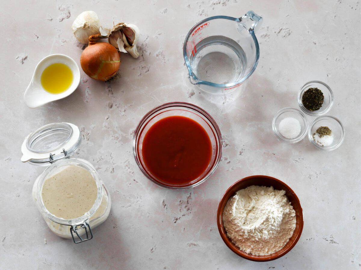All the ingredients you need to make sourdough focaccia pizza.