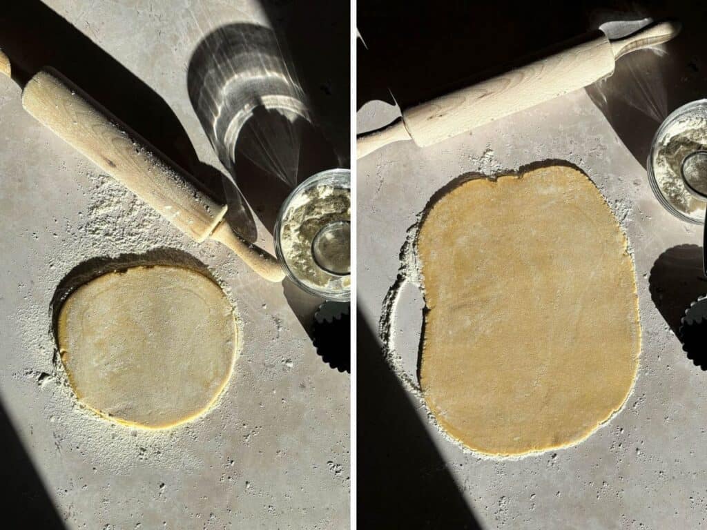 Rolling out sourdough sugar cookie dough.