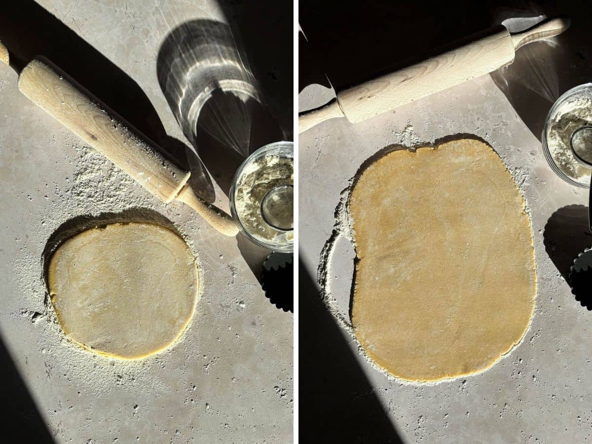 Rolling out sourdough sugar cookie dough.