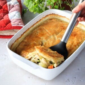 Sourdough chicken pot pie in a white oven dish.