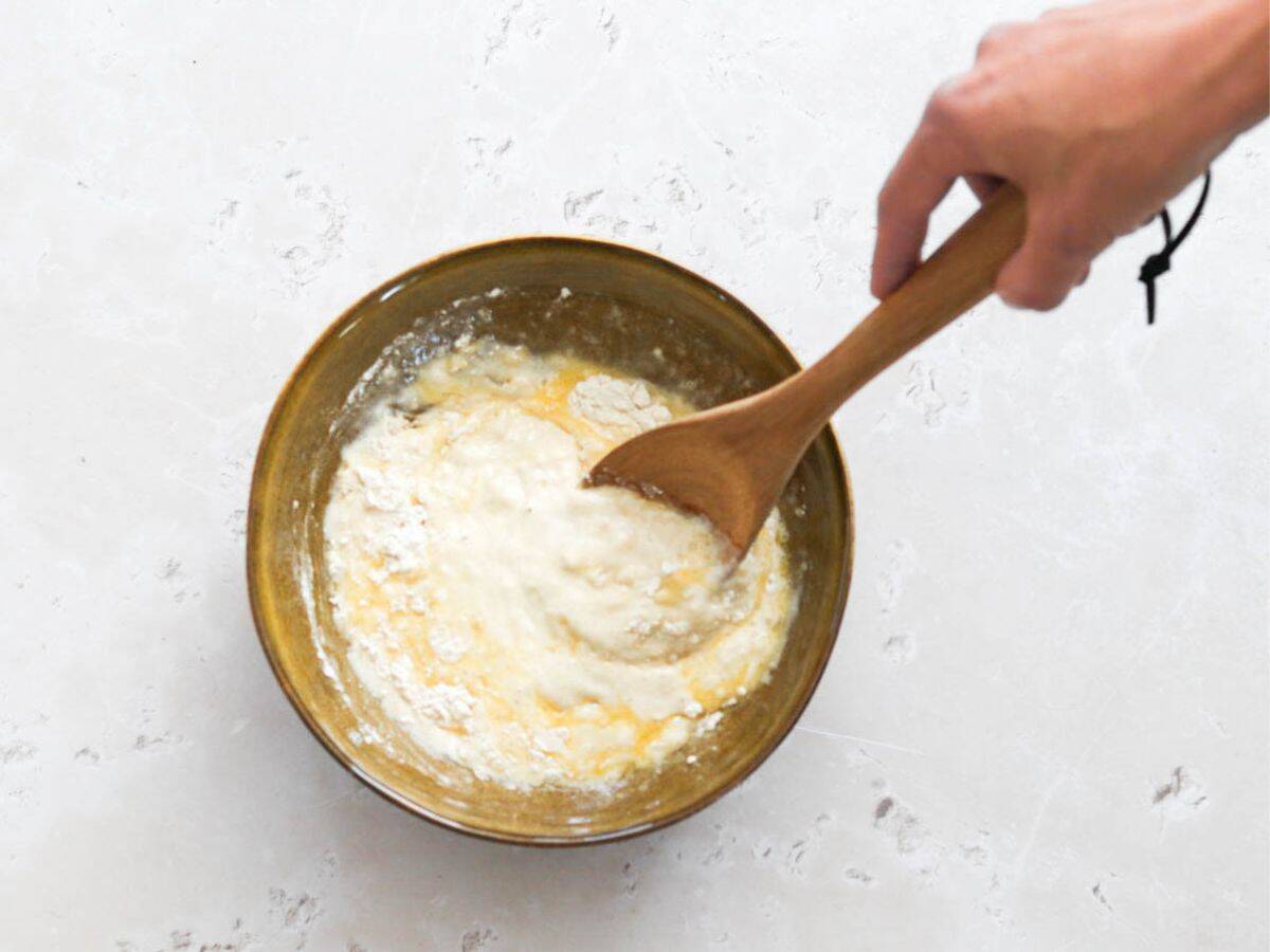 Making the batter for peach sourdough cobbler.