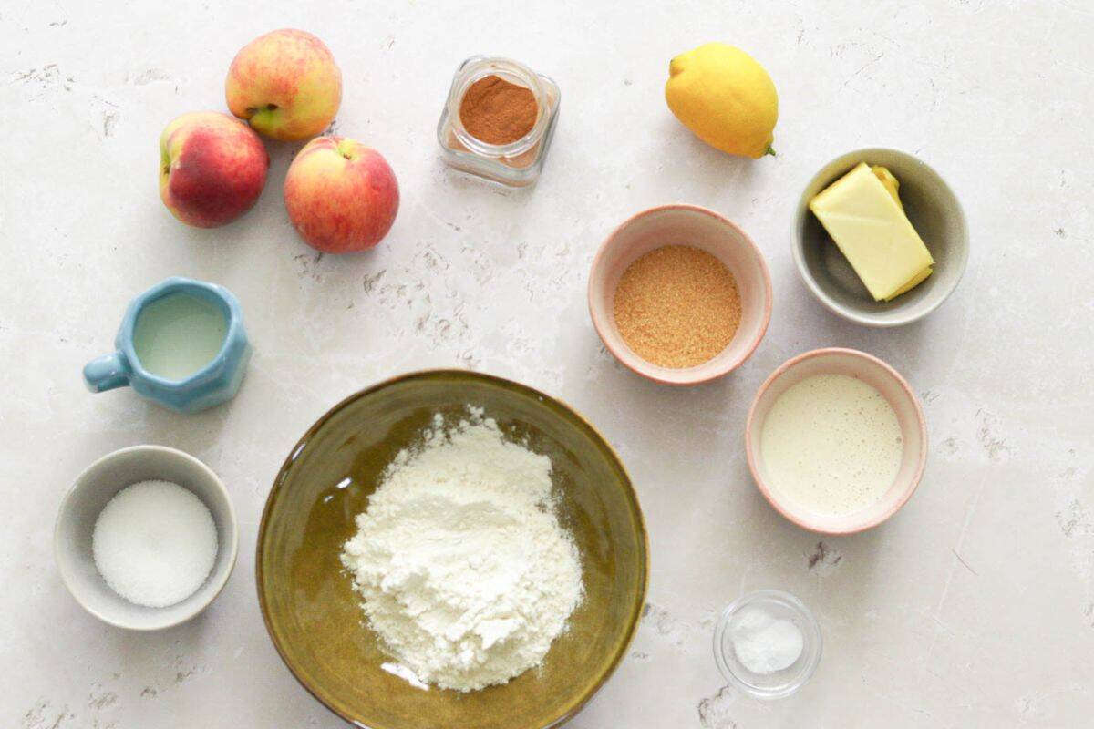 All the ingredients for sourdough peach cobbler.
