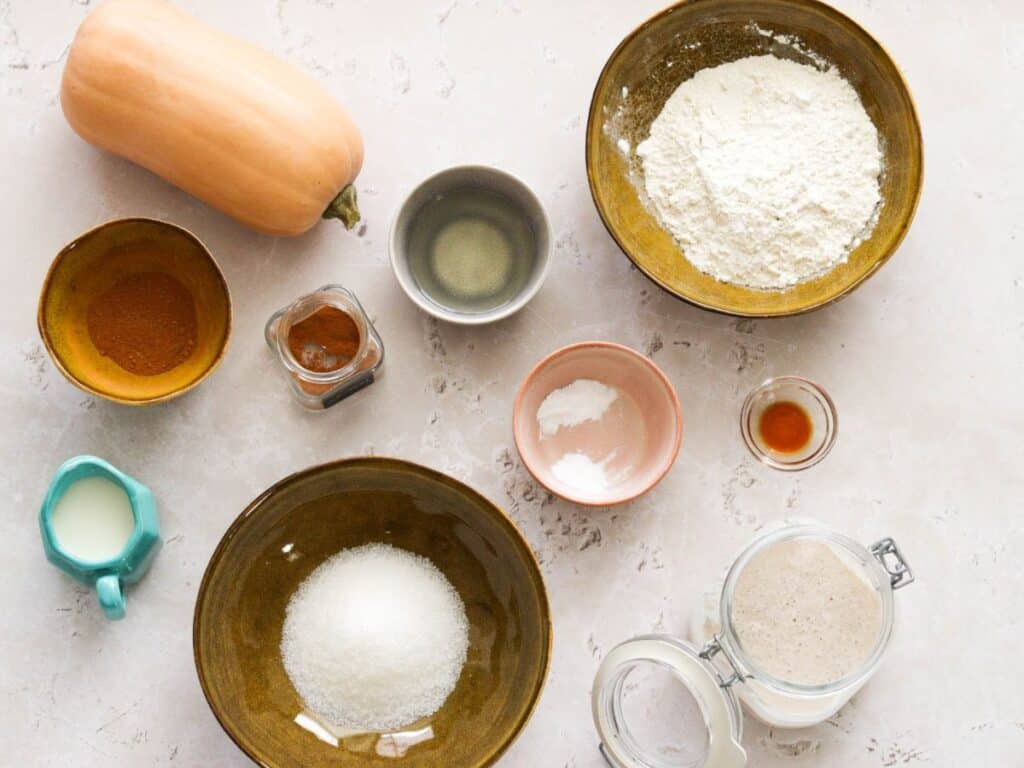 All the ingredients you need to make sourdough pumpkin pancakes.