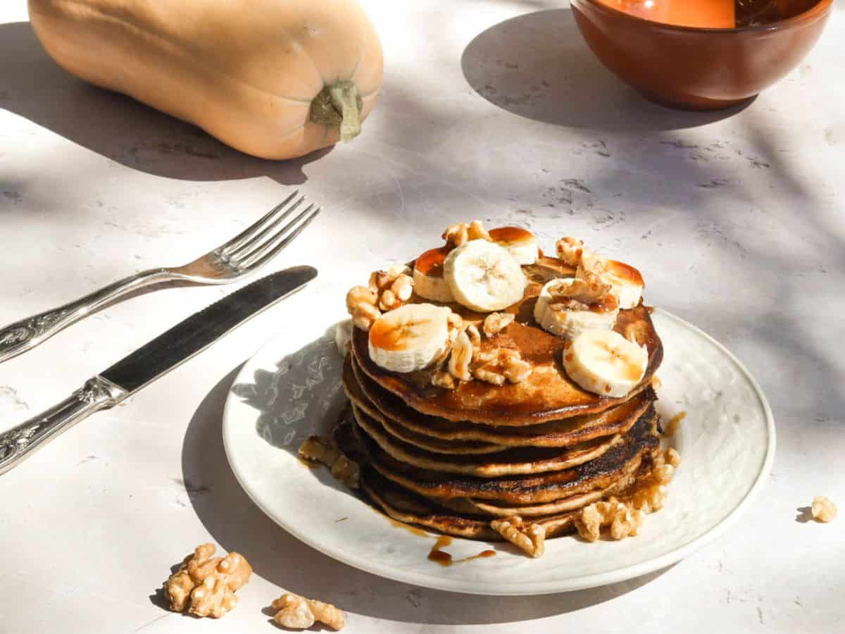 A stack of sourdough pumpkin pancakes.