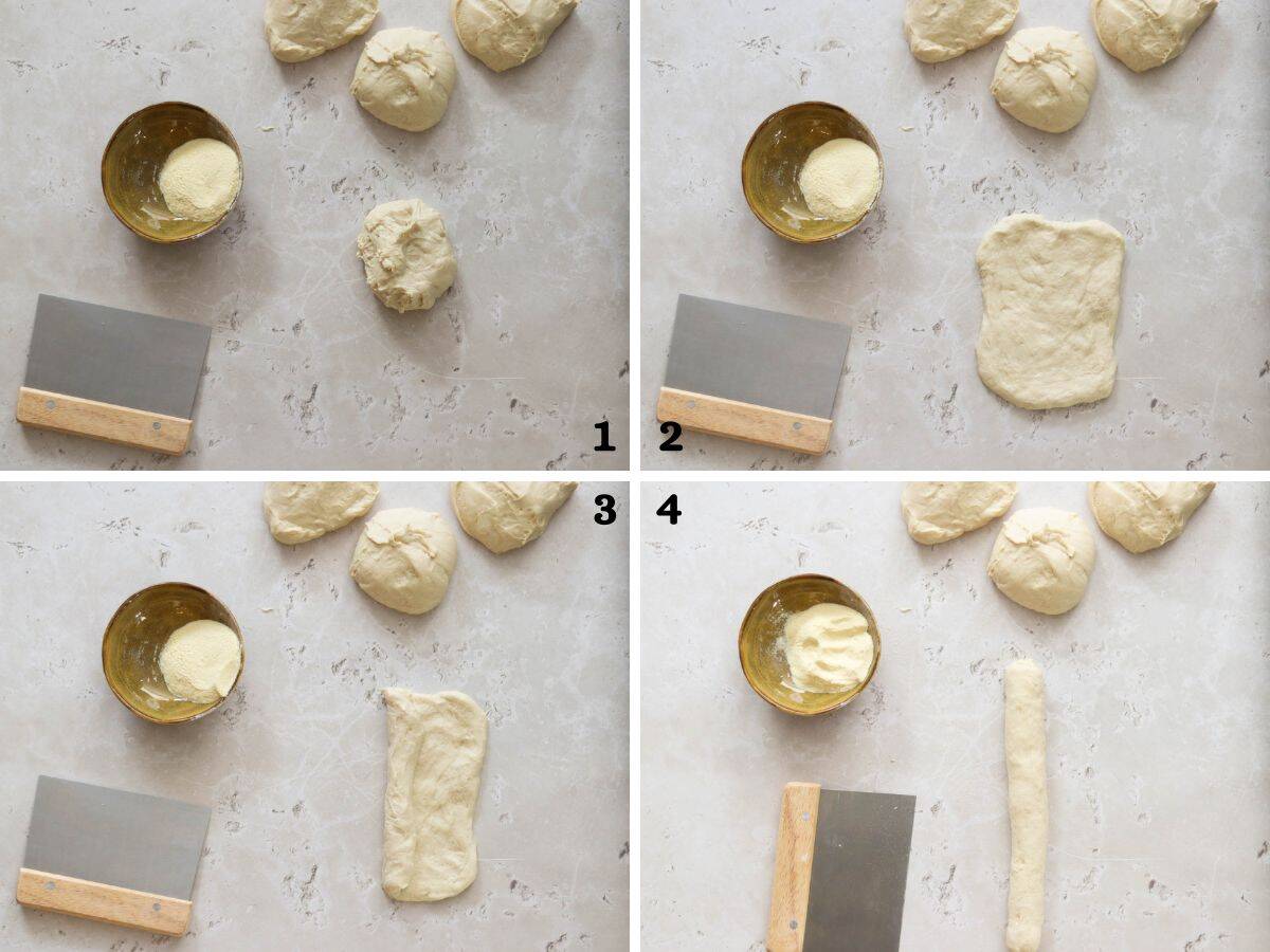 Folding and shaping sourdough sandwich rolls.
