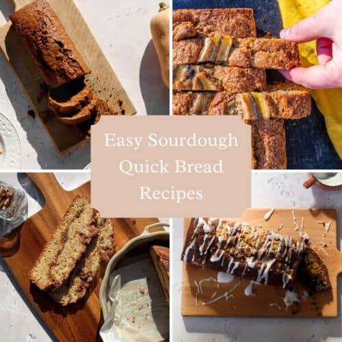 Four sourdough quick breads in a collage.
