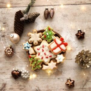 Christmas sugar cookies in a bowl.