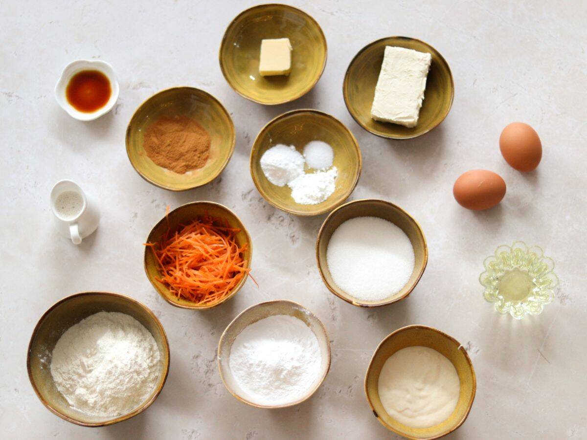 All the ingredients you need to make sourdough carrot cake muffins.