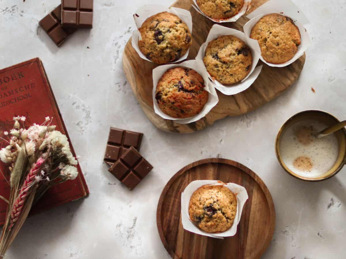 Chocolate chip sourdough muffins with a cup of coffee.