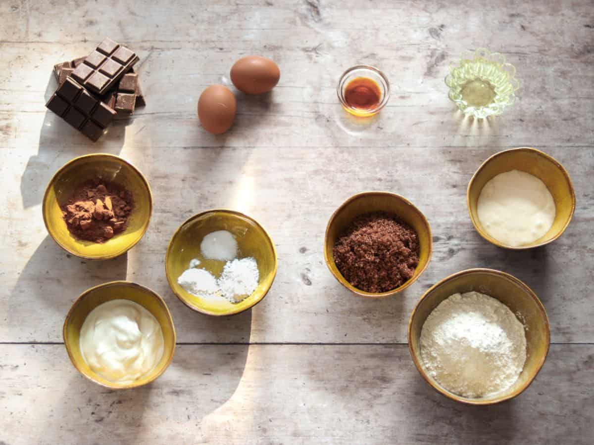 All the ingredients to make double chocolate sourdough muffins.