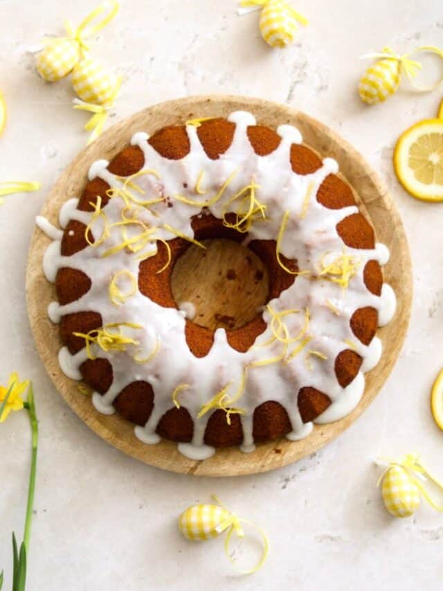 Lemon bundt cake with flowers and Easter eggs.