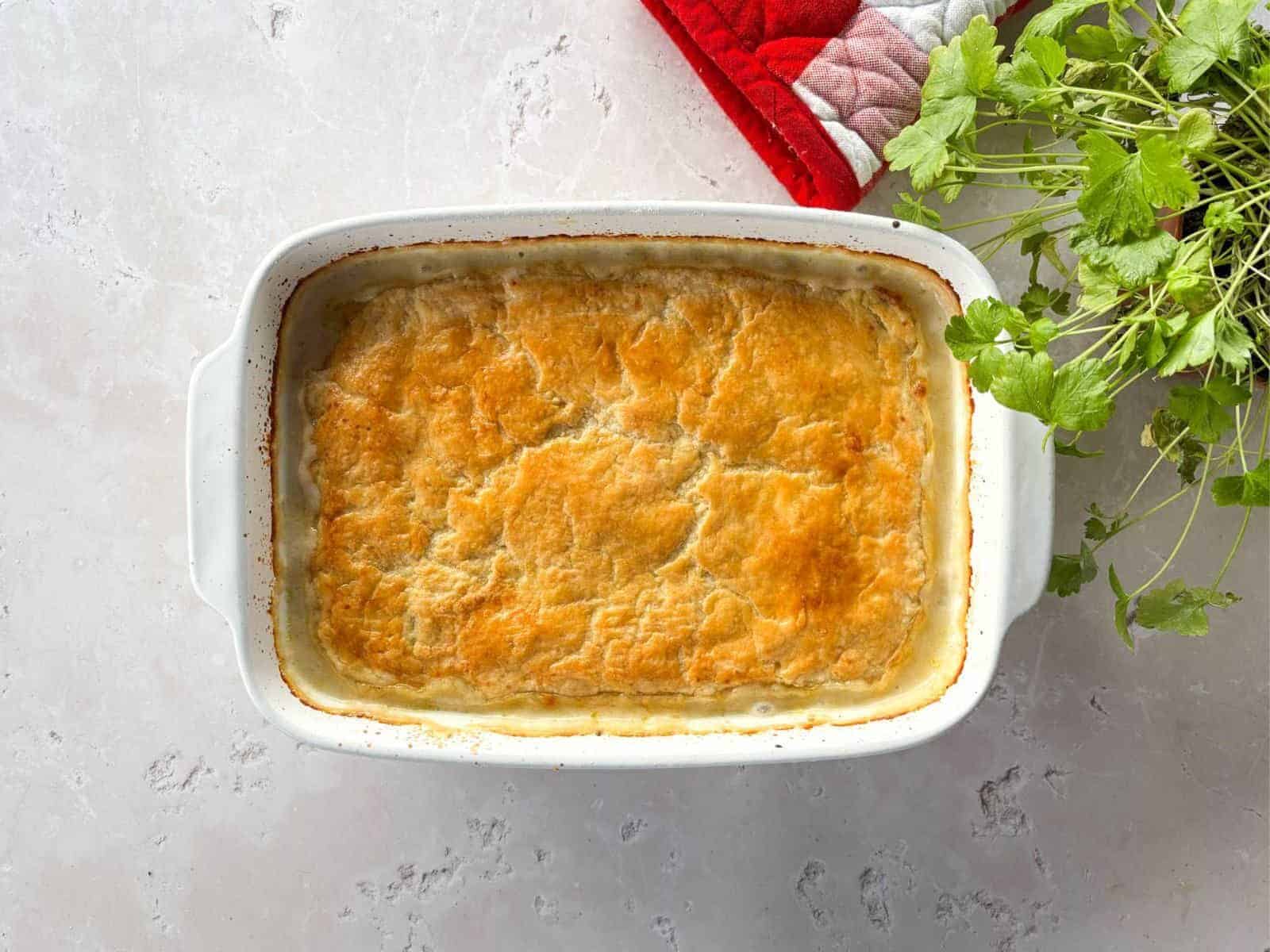 Baked chicken pot pie with a sourdough crust.