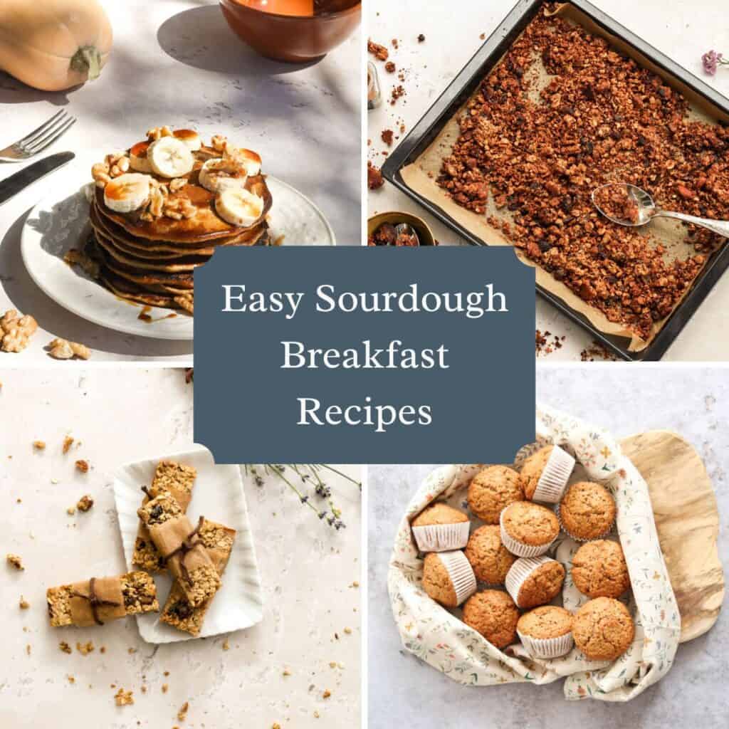 A collage of breakfast recipes made with sourdough discard.