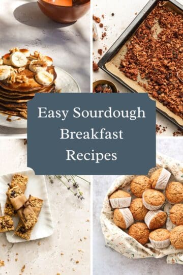 A collage of breakfast recipes made with sourdough discard.