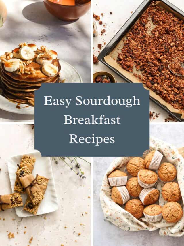 A collage of breakfast recipes made with sourdough discard.