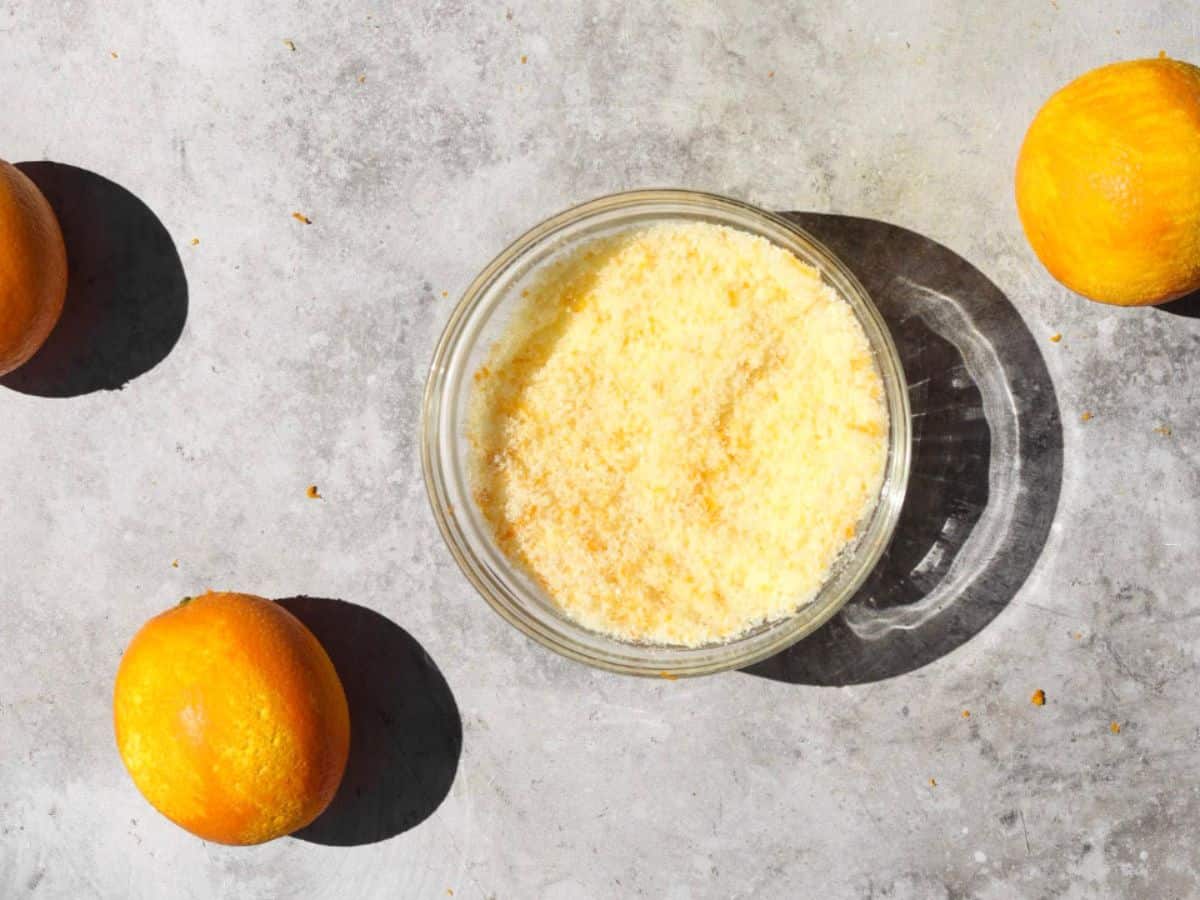 Orange sugar in a bowl.